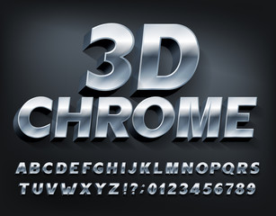 3D Chrome alphabet font. Metallic letters and numbers with shadow. Stock vector typescript for your typography design.