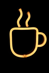 White mug of tea or coffee neon sign on isolated black background. Neon concept. Modern style. Neon sign.