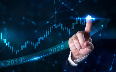 Business development to success and growing growth year 2019 to 2020 concept. Businessman pointing...
