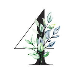 Number 4 with watercolor leaf. Perfectly for wedding, birthday invitations, greeting card, logo and other floral design. Hand painting. Isolated on white background. 