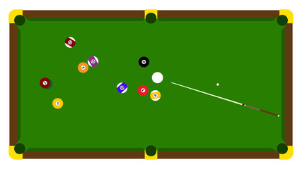 Realistic illustration with pool billiard on green table. Pool billiards tournament announcement poster of color balls on green table. Vector design for billiards championship for sport game players.