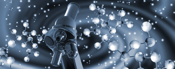 Microscope on the background of a stylized image of a DNA chain.