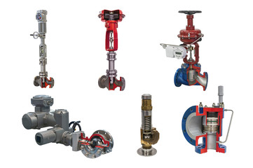 six modern shut-off valves with automatic control for gas pipeline isolated on a white background. Transverse section