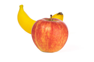 Composition of red apple and banana isolated on a white background. Healthy eating concept