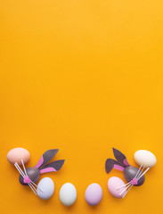 Cute creative photo with easter eggs, some eggs like easter bunny