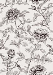 Vintage seamless pattern with roses. Floral vector illustration.  Black and white.