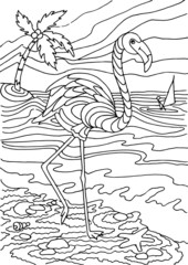 Flamingo by the sea coloring page for kids made in a stylized linear form on a white background vector
