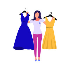 Fototapeta na wymiar Woman chooses a dress. Girl try clothing. Vector illustration.