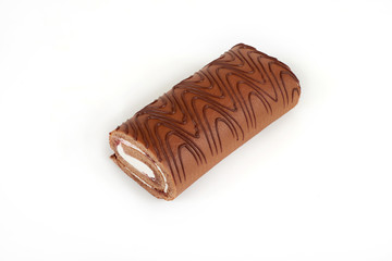 Chocolate biscuit roll cake isolated on white background.