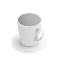 Empty white cup with saucer isolated on white background top view. Coffee mug realistic vector illustration, kitchen dishes, tableware element