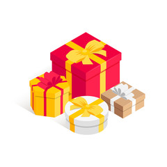 Pile of gift box Isometric concept. Lot of surprise red, yellow, white, craft cardboard wrapped present with ribbon bow. New year, anniwersary, birthday, valentines 3d symbol. Vector illustration
