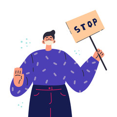 Coronavirus in China.Novel coronavirus 2019-nCoV,young man in white medical face mask with placard.Text stop.Coronavirus quarantine.Flat character on white background.Colorful vector illustration