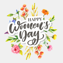 Woman s Day text design with flowers and hearts on square background. Vector illustration. Woman s Day greeting calligraphy design in pink colors. Template for a poster, cards, banner.