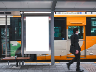 Mock up Billboard Banner template at Bus Shelter Media outdoor street Sign display with Business...