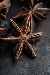 Dried anise stars on the rustic background. Selective focus. Shallow depth of field.