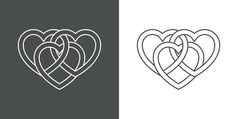 Símbolo de amor eterno. Icono plano lineal 3 corazones enlazados en fondo gris y fondo blanco © teracreonte