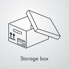 Caja de almacenaje. Icono plano lineal caja de cartón abierta isométrica en fondo gris