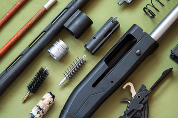 black disassembled shotgun and cleaning kit on the green background