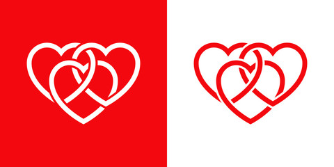 Símbolo de amor eterno. Icono plano lineal 3 corazones enlazados en fondo rojo y fondo blanco