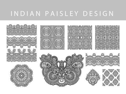 set of indian paisley design element, hand drawing floral tattoo doodle collection