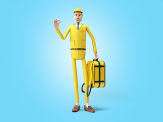 fast delivery concept the courier holds a thermal backpack 3d render on blue gradient