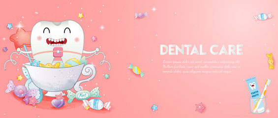 Happy teeth cute cartoon with candy.Use dental floss for oral dental hygiene, children's dentistry concept. Vector Illustration