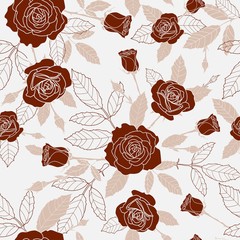 seamless pattern of detailed, full bloomed rose and leaves.