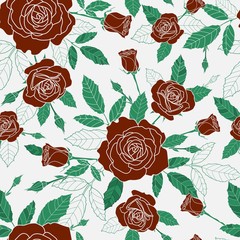 seamless pattern of detailed, full bloomed rose and leaves.