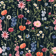 Naklejki  Piękny wektor kwiatowy lato wzór z akwarela ręcznie rysowane pola dzikich kwiatów. Ilustracji.