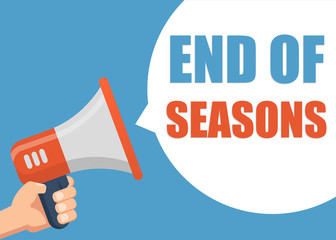 End of Seasons - Male hand holding megaphone. Flat design. Can be used business company for social media, networks, promotion and advertising.