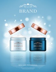Realistic day cream and night cream jars with golden lids on light blue background with bokeh lights. Advertising poster for the promotion of cosmetic skin care premium product