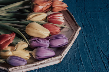 frosted different tulips on a wooden tray