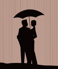 Original graphic silhouette illustration of two people in love, man and woman hugging each other  under the umbrella in the rain