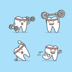 Four Tooth boy workout illustration cartoon character vector design on blue background. Dental concept.