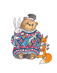 watercolor illustration with fabulous animals, bear, Fox and hare