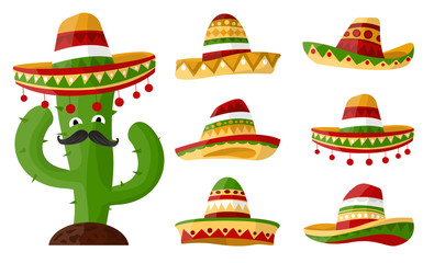 Mexican cartoon cactus with Set of sombreros with colourful ornaments art. Hat on isolated background for your design .Vector 