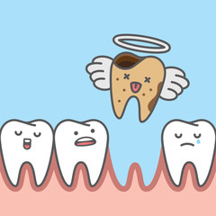 Dead decay tooth missing go to heaven illustration cartoon character vector design on blue background.  Dental care concept.