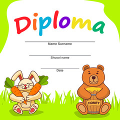 Diploma template for kids.The cartoon a bunny with carrots and a bear with a barrel of honey.Flat illustration vector.