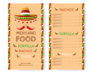 Mexican Food Restaurant menu. Tortilla, Nachos, Tacos. Template design with sombrero, chilli peppers illustration and national ornaments on texture paper.Special offer. Vector 