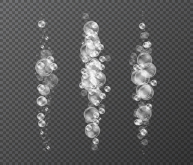 Water bubbles set on transparent background. 3d Realistic vector. Underwater oxygen.