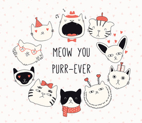 Hand getekende Valentijnsdag kaart, banner met verschillende schattige katten in hoeden, met hartjes, tekst Meow you spin-ever. Vector illustratie. Lijntekening. Ontwerpconcept voor vakantie afdrukken, uitnodigen, cadeau-tag.