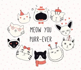 Foto op Aluminium Hand getekende Valentijnsdag kaart, banner met verschillende schattige katten in hoeden, met hartjes, tekst Meow you spin-ever. Vector illustratie. Lijntekening. Ontwerpconcept voor vakantie afdrukken, uitnodigen, cadeau-tag. © Maria Skrigan