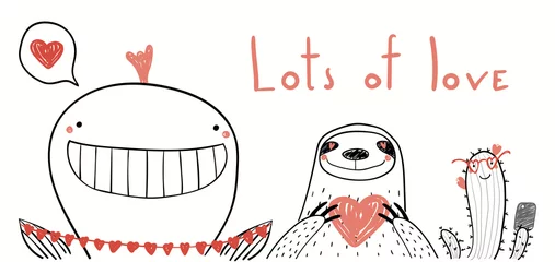 Foto op Plexiglas Hand getekende vectorillustratie van schattige walvis, luiaard, cactus nemen selfie met harten, tekst veel liefde. Geïsoleerde objecten op wit. Lijntekening. Ontwerpconcept voor kinderen Valentijnsdag kaart, uitnodigen. © Maria Skrigan