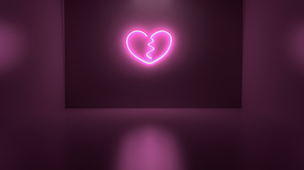 3D render illustration of heart break neon light sign on the wall
