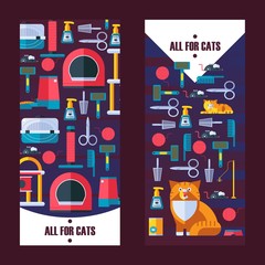 Cat grooming salon vertical banner, vector illustration. Pet shop advertisement campaign, flat style icons of animal care products. Cute cat cartoon character, pet store items for domestic animals