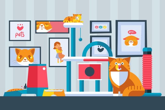 Cat Pictures On The Wall, Vector Illustration. Cute Pet In Flat Style, Simple Geometric Shapes. Funny Cats In Apartment Room, Animal Cartoon Characters. Home Of A Cat Lover, Indoor Playground For Pets