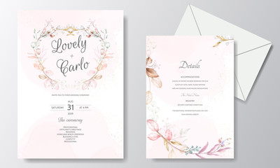 Watercolor wedding invitation card template with a flower and leaves frame