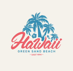 Fototapeta na wymiar Hawaii Beach Poster with Palm Trees and cartoon sunset . Summer .Tee Design For Print. Vector fashion illustration