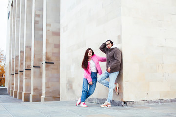 young happy students teenagers at university building on stairs, lifestyle people concept boy and girl