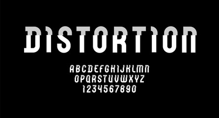 Damaged font, trendy distorted alphabet, modern letters and numbers, for your designs: logo, t shirt, card, poster, letterpress, vector illustration